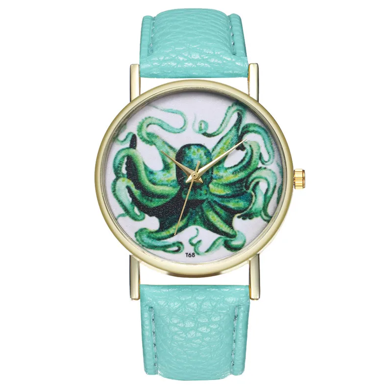 2018 новые кожаные часы с рисунком осьминога женские модные кварцевые