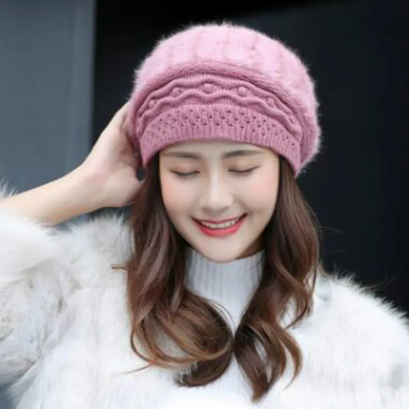 

winter outdoor thick warm knitted hat solid women fleece lining skullies beanie girl real rabbit fur stocking hat cap turban