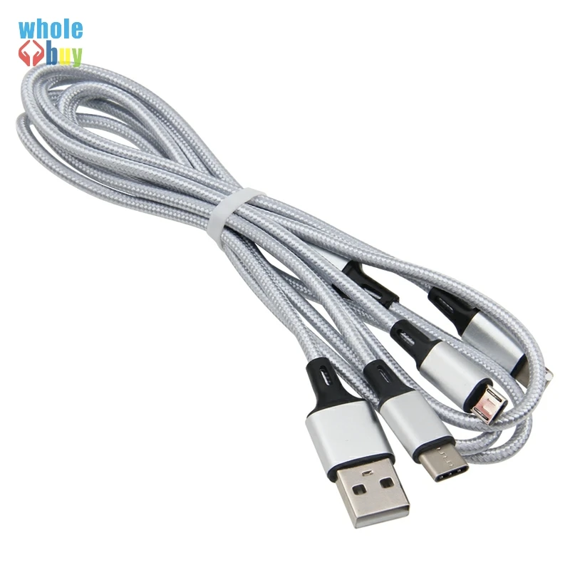 Серый 100 шт./лот, высокое качество, нейлоновая оплетка, 3 в 1, usb type C, Micro 5pin, 8 pin, 3 в 1, кабель для быстрой зарядки для iphone, sony, samsung - Цвет: Серый