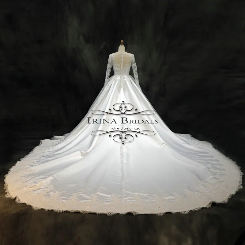 Vestido de noiva манга длинный рукав кружева аппликация v-образным вырезом атласное