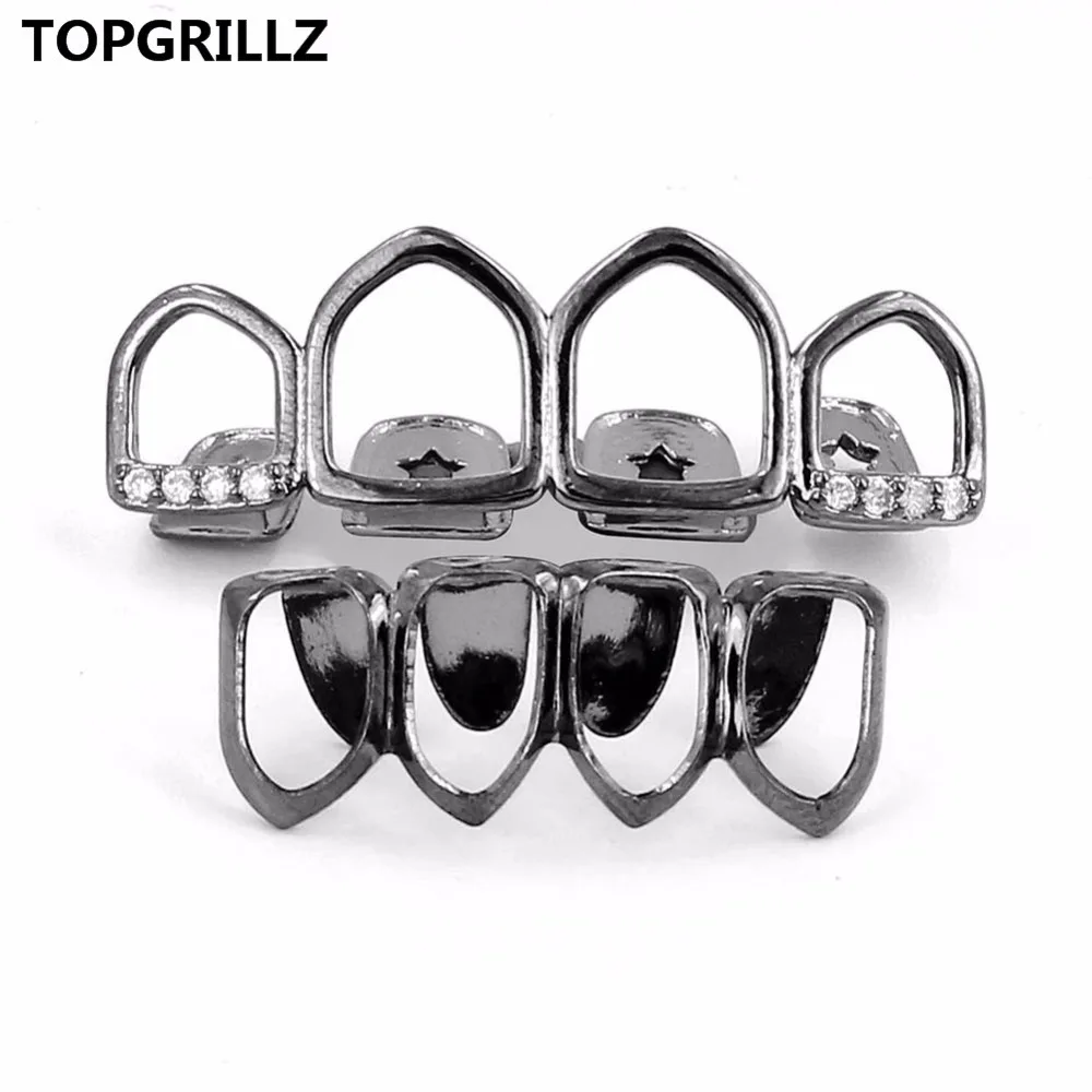 Набор гриля TOPGRILLZ золотого цвета четыре полнолицевых полых зуба топ с фианитами и