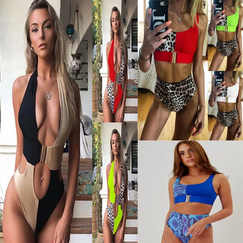 Женский неоновый купальник бикини однотонный с леопардовым принтом пряжкой на