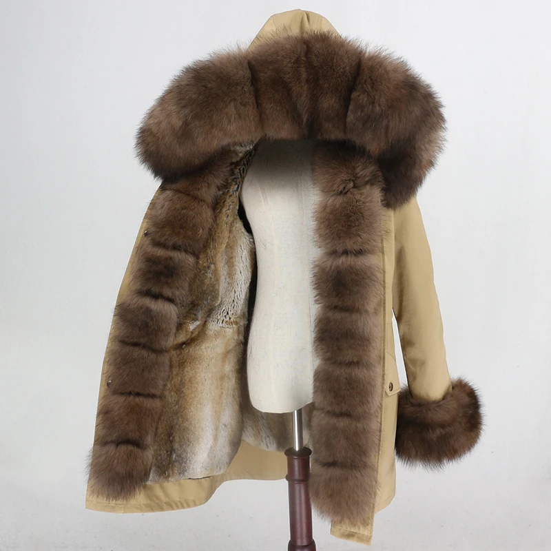 brown brown Водонепроницаемая парка OFTBUY, длинное пальто с натуральным мехом енота, Воротник из лисьего меха, капюшон, подкладка из кроличьего меха, толстая теплая верхняя одежда, уличная одежда - Цвет: brown brown