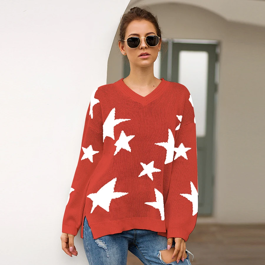 Womens Autumn Sweater Pentagram Star Knit V-neck Long Sleeve Loose Japan Woman Sweaters Female Pullovers Tops VD31001 | Женская одежда