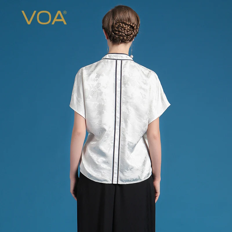 VOA Summer Heavy Silk White Kimono Blouse Fashion V-neck Sashes Women Tops Plus Size Brief Casual Short Sleeve Shirt BST00201 | Женская
