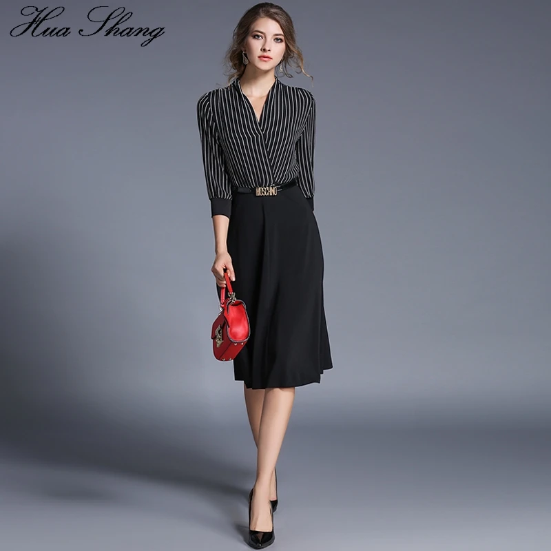 2017 осеннее женское платье в полоску с v образным вырезом рукав три четверти