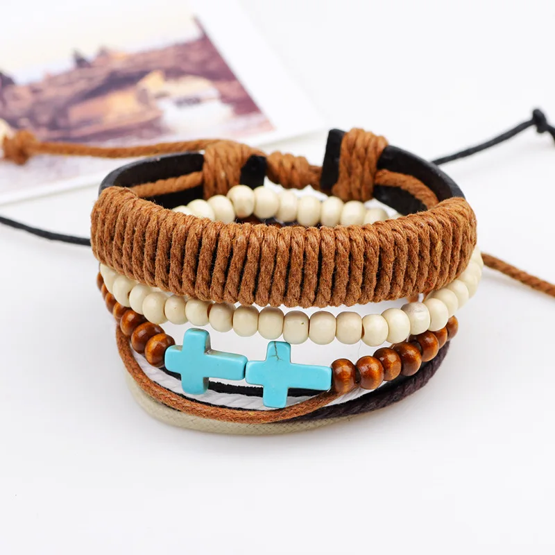 4 шт./компл. Boho Хиппи панк коричневый шнур обернуть узлы кожа бирюза Крест Шарм