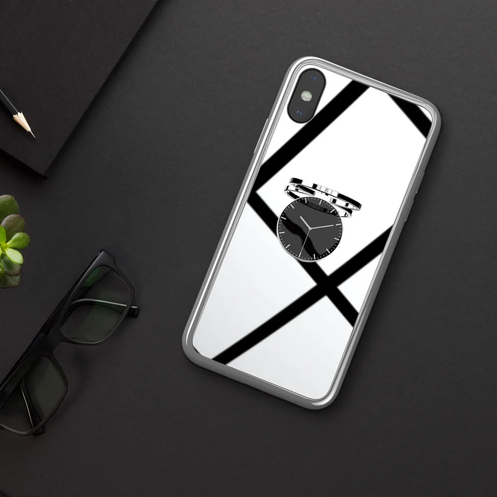 Серебристый KEYSION чехол из закаленного стекла для телефона для iPhone Xs Max XR покрытие Блестящий ТПУ задняя крышка для iPhone XS X XR с часами палец кольцо - Цвет: Серебристый