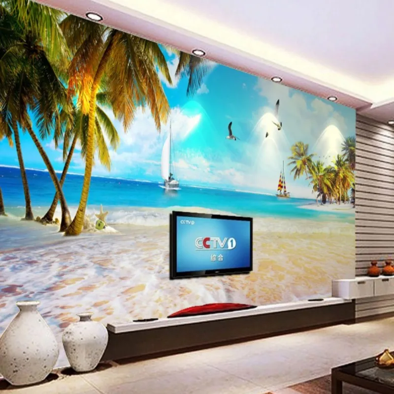 Dropship Colomac Blue Wallpaper Beach Coconut Tree Seagull Sailing Ocean Landscape Wall Mural Bedroom Wand Tapeten | Обустройство