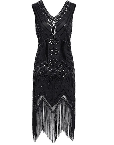 Женское платье для вечеринки, Robe Femme 1920s Great Gatsby, платье миди с блестками и бахромой, летнее платье, Ретро стиль, женское вечернее платье - Цвет: Pure black