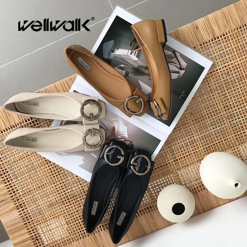 Wellwalk/Брендовая женская обувь на плоской подошве с пряжкой балетки квадратным