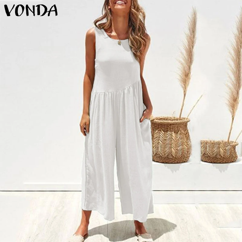 Женские комбинезоны VONDA, летние сексуальные однотонные Свободные Комбинезоны без рукавов, повседневные широкие длинные штаны, брюки