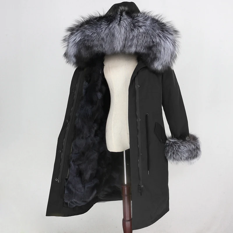 black grey silver Водонепроницаемая парка OFTBUY, длинная верхняя одежда, пальто с натуральным мехом, зимняя куртка для женщин, Воротник из меха енота, капюшон, подкладка из лисьего меха, теплая, съемная - Цвет: black grey silver