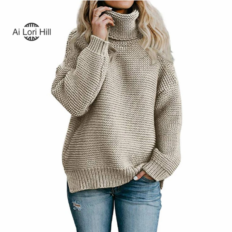 Ai Lori Hill Womens Turtleneck Sweater Knitted Loose Long Sleeve Pullover With Slit Winter Warm Thick Jacket Jumper Oversized | Женская