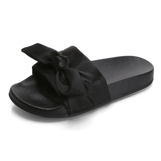 Шлепанцы женские с шелковым бантом сланцы летние сандалии плоская подошва