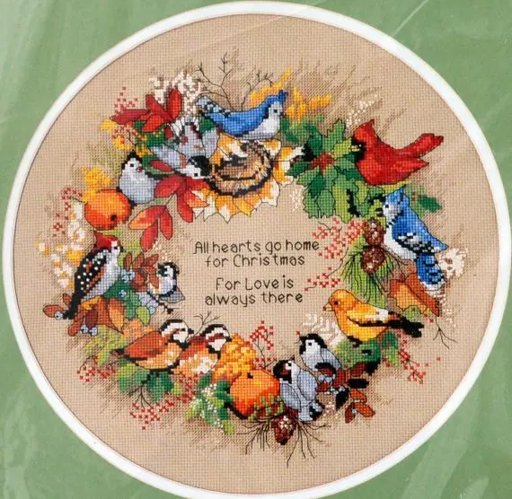 

oneroom Top Quality Beautiful Lovely Counted Cross Stitch Kit All Hearts Go Home For Christmas Love Flower Bird Wreath dim 08413