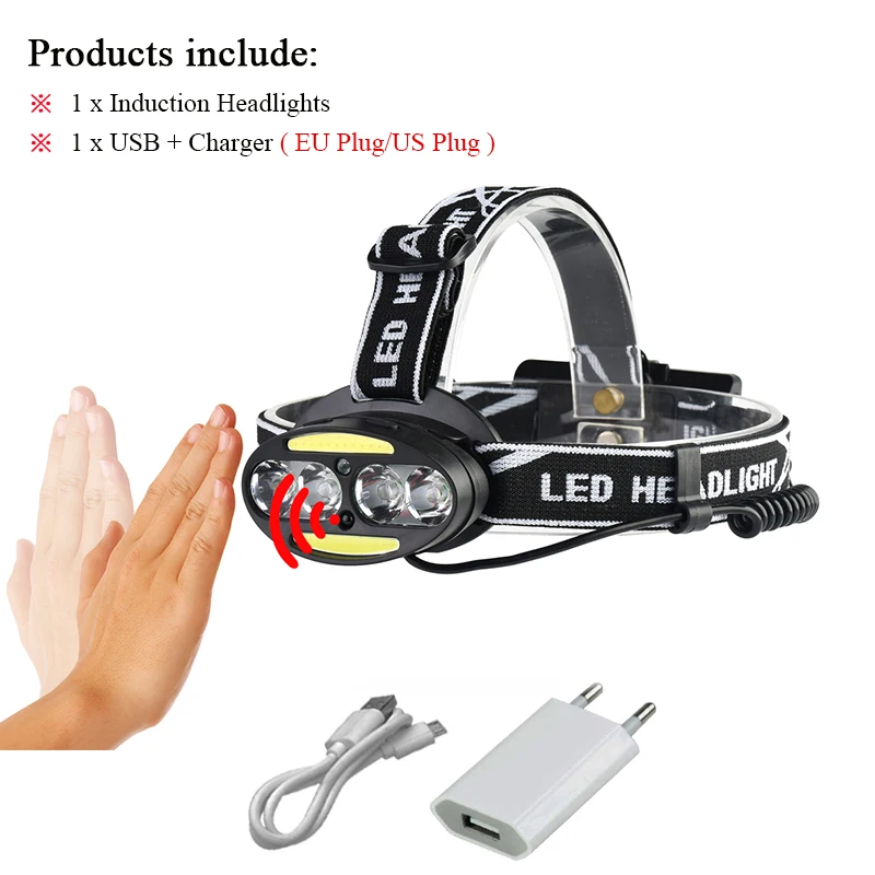 sensor head lamp H COB светодиодные фары машинками, ИК-датчик налобный фонарь, налобный фонарь Светодиодные фары 18650 перезаряжаемые T6 usb фар Водонепроницаемый фонари для рыбалки - Испускаемый цвет: sensor head lamp H