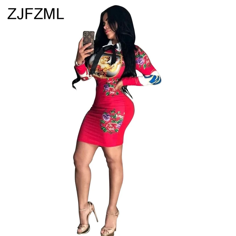 Cute Pattern Printed Peter pan Collar Sexy Women Dresses Long Sleeve Letter Party Dress Femme Club Floral Sheath Mini Robe | Женская