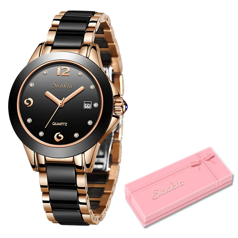 Rose gold black Топ люксовый бренд женские часы из розового золота SUNKTA2019 новые женские ультра-тонкие часы модный бутик девушка часы Senhoras Assistir - Цвет: Rose gold black