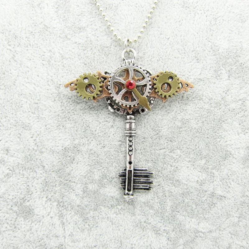 Punk Style Flying Copper Bat and Antique Silver Gears Vintage Key Pendant Steampunk Necklace | Украшения и аксессуары