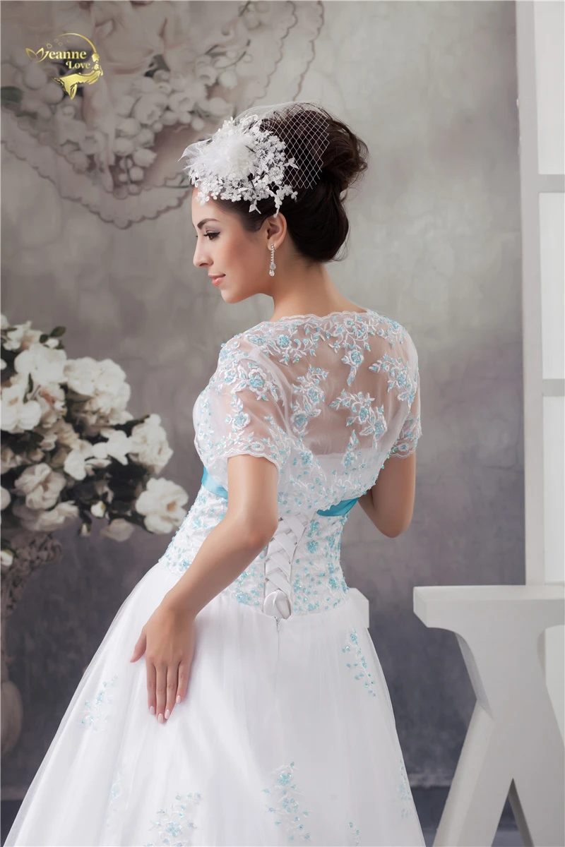 2021 Новое поступление белые свадебные платья с синим кружевными аппликациями без