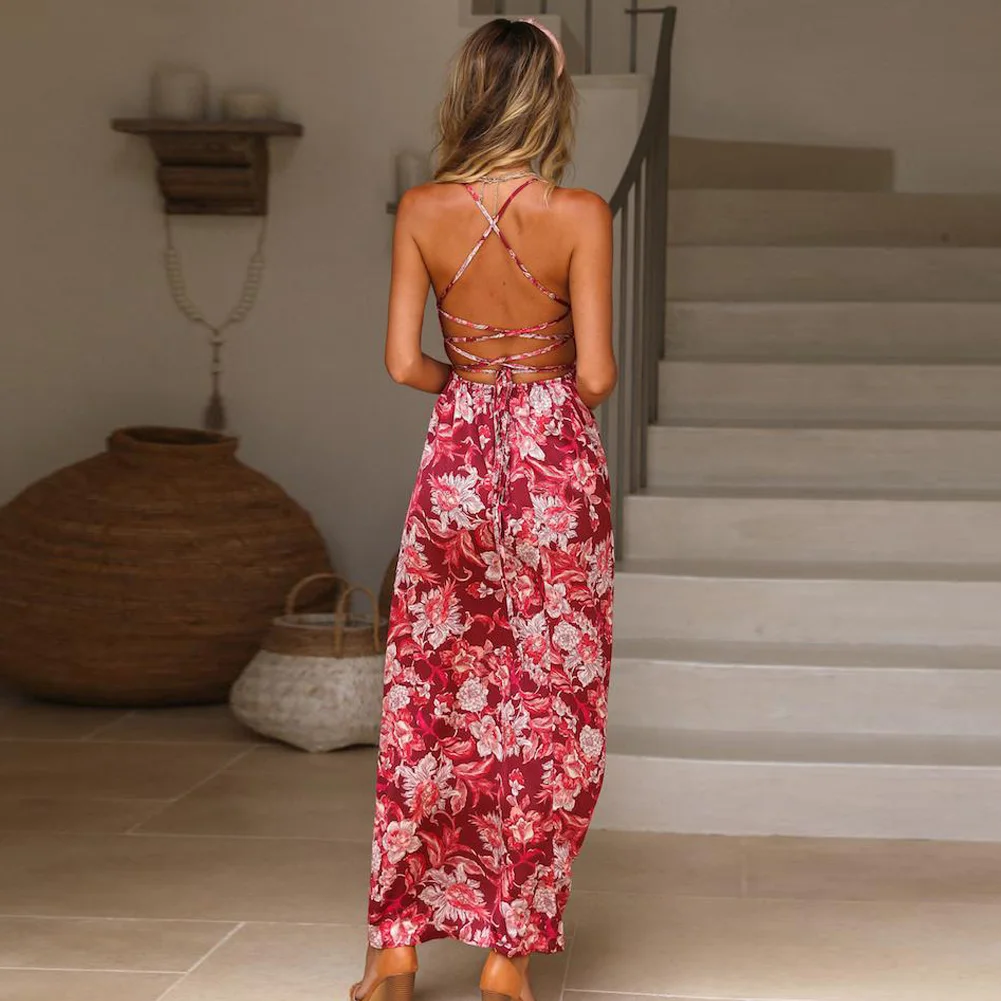 Robe femme летнее платье женское цветочный принт бохо с v образным вырезом без рукавов