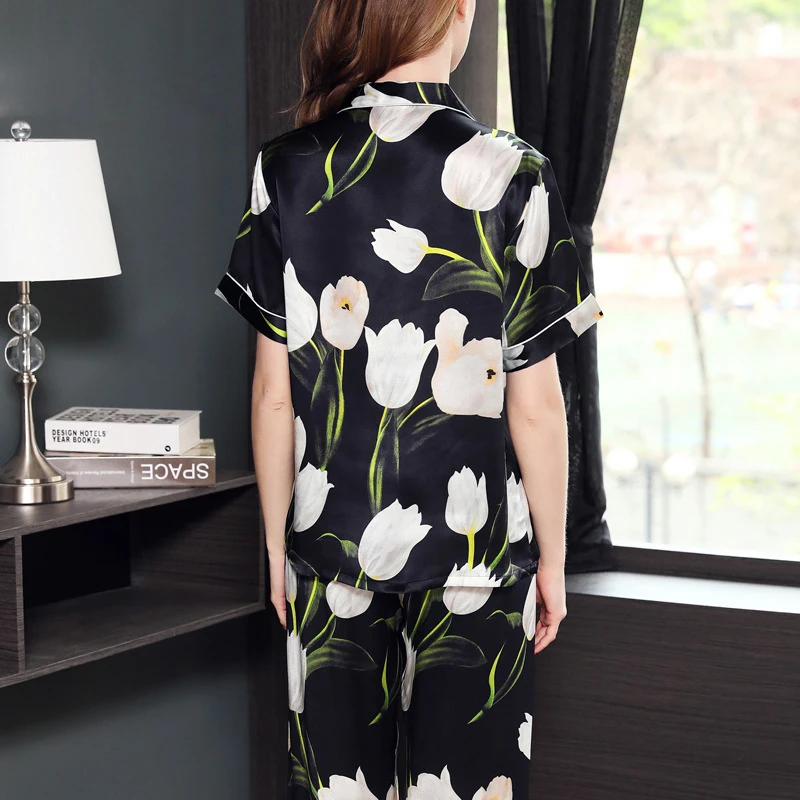 Greenish lily flower Sexy 100% silk pyjamas women Elegant pure silk pajama set black short sleeve Noble pijamas women