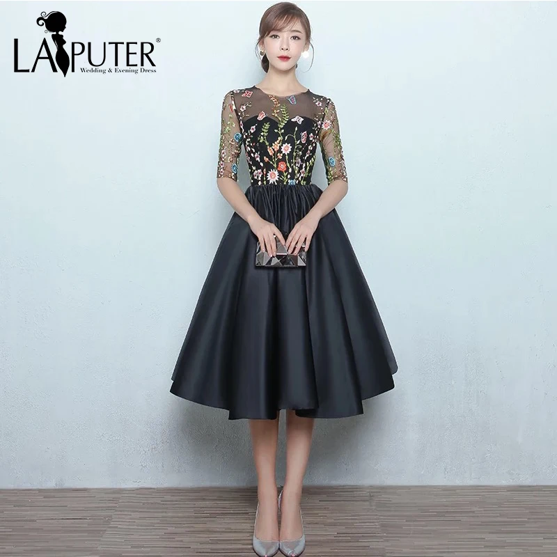 Модное бальное платье с круглым вырезом на молнии сзади длиной до колена