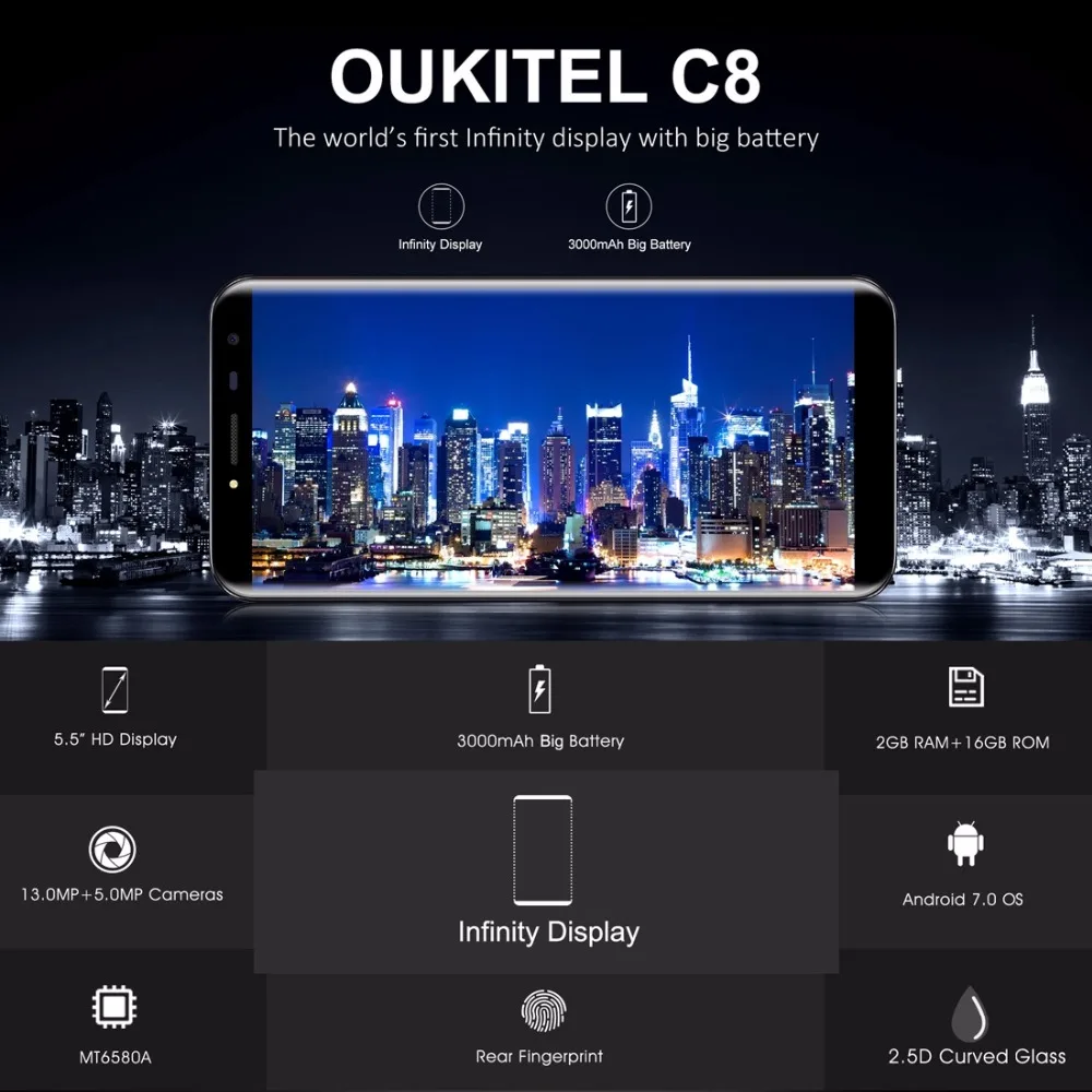 Oukitel C8 соотношением сторон 18:9 Мобильный телефон 5 &quotHD 4 ядра 1 3 ГГц 2 ГБ/16 ГБ