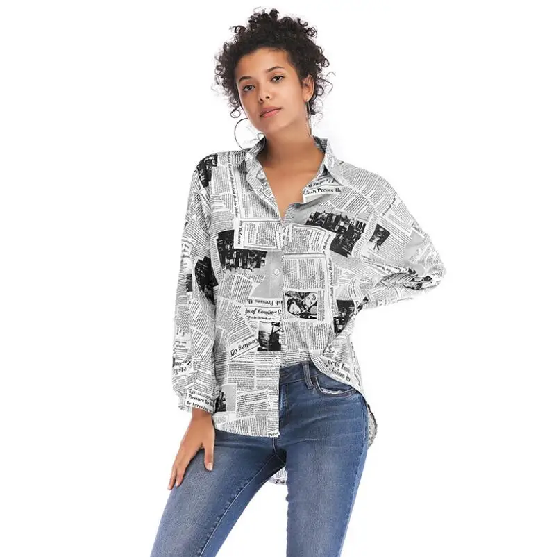 

2019 spring new ladies shirt fashion letter printing newspaper shirt female lapel single-breasted shirt women Newspaper pattern