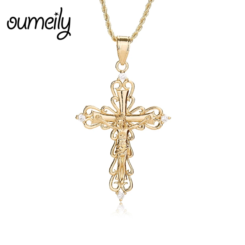 OUMEILY Cross Jesus ожерелье для мужчин и женщин искусственный фианит кулон золотой цвет