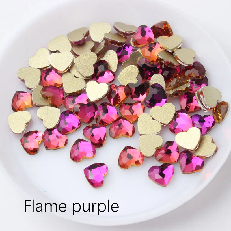 Flame purple Горячая Распродажа, 3D Стразы для нейл-арта, сердце, 5,5x6 мм, стеклянные кристаллы с плоской задней стороной, для украшения ногтей, стразы - Цвет: Flame purple