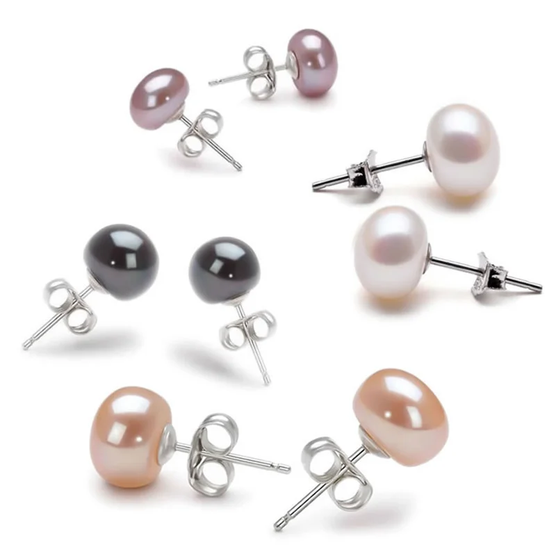 Женские серьги гвоздики из серебра 100% пробы с натуральным жемчугом 8 9 мм|pearl stud