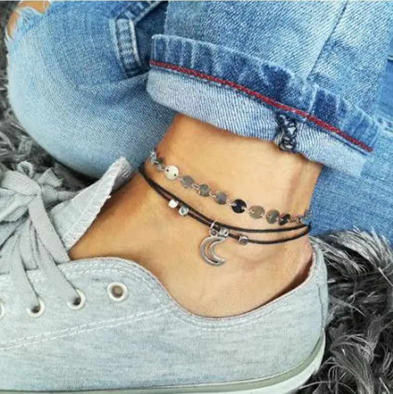 Винтаж Boho многослойное бисерное женские браслеты для щиколотки модные луна