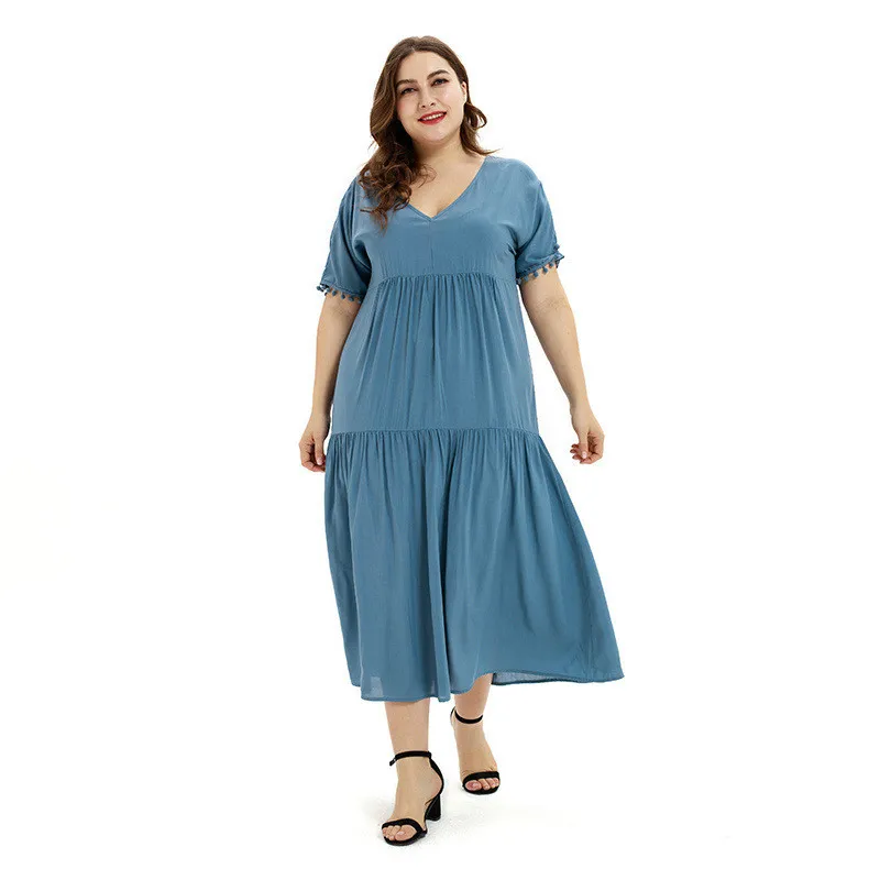 Летнее платье больших размеров L XXXL 2019 новые женские синие Свободные