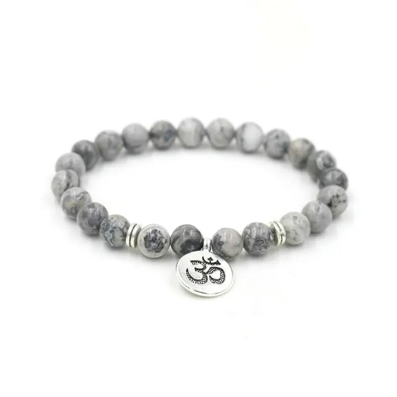 HMN silver OM Серый браслет Howlite с мраморным камнем Будды Ом лотоса для мужчин и женщин, очаровательные браслеты для йоги, чакры, медитации, мужские браслеты - Окраска металла: HMN silver OM