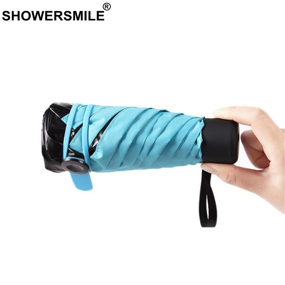 Желтый зонт SHOWERSMILE с карманом легкий складной мини-зонтик УФ-защитой черным