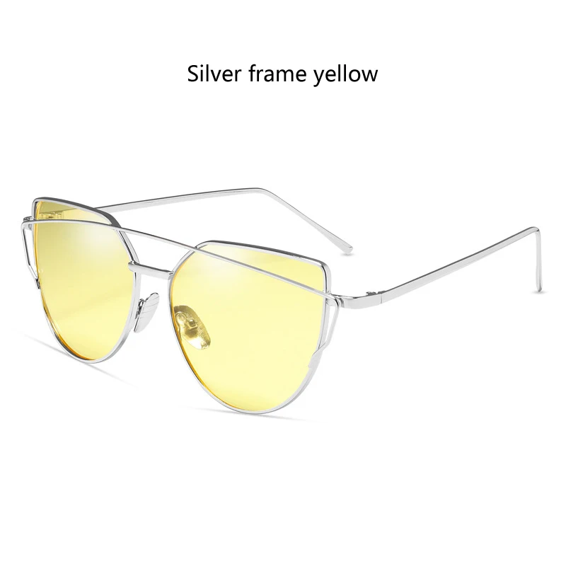 Silver frame yellow Новые модные солнцезащитные очки «кошачий глаз» Для женщин Брендовая Дизайнерская обувь Twin-зеркало, солнцезащитные очки, розовое золото металлические UV400 Lentes de sol Hombre - Цвет линз: Silver frame yellow