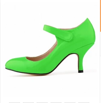 Green Heel Женские туфли на высоких каблуках с пряжками и ремешками большие размеры 35–42 женские туфли из лакированной кожи женская обувь на шпильках пикантная женская обувь с круглым носком офисные туфли-лодочки для женщин - Цвет: Green Heel