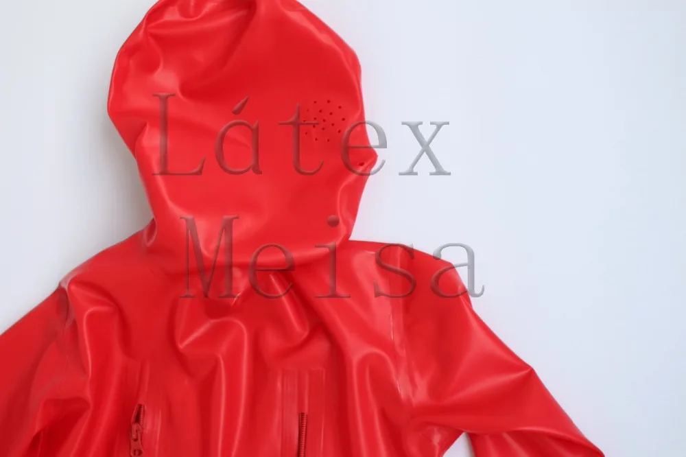 Male's latex custom trailored catsuit red color open mesh eyes &amp penis holes attached codpiece and 5 zippers(chests crotch) |