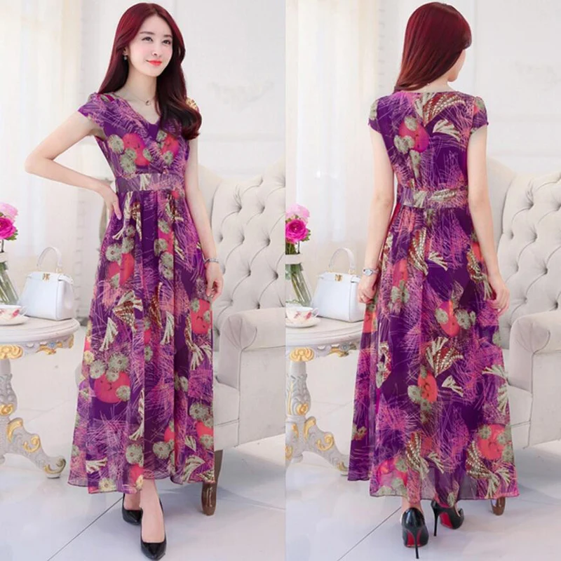 

Women dresses New Arrivals 2018 Summer Short sleeve Printed chiffon dress Elegant Slim High waist Bohemian beach dresses LY887
