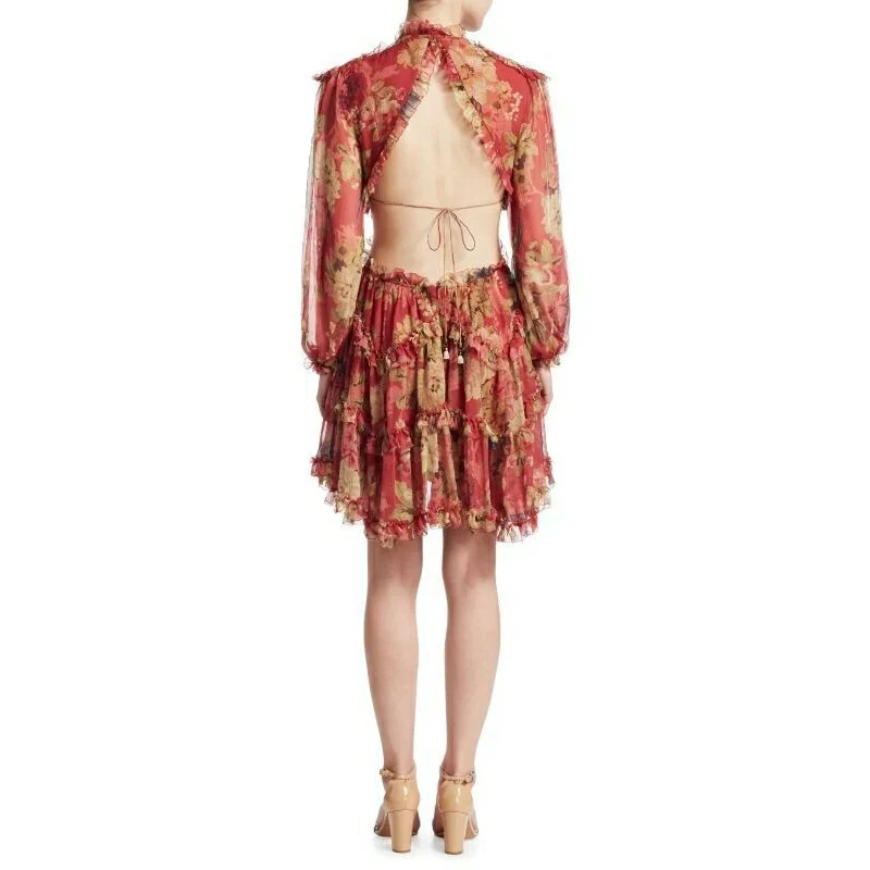 

OXANT Printed Backless Dress Women Ruffles Patchwork Lantern Sleeve High Waist Draped Mini Dresses Female Holiday Clothes