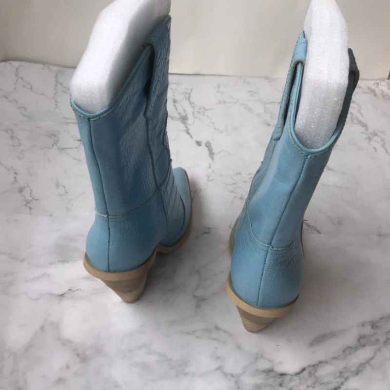 BuonoScarpe/ботинки в ковбойском стиле из крокодиловой кожи; Botas Mujer; ковбойские ботинки для женщин; дизайнерские ботинки до середины икры на массивной танкетке;