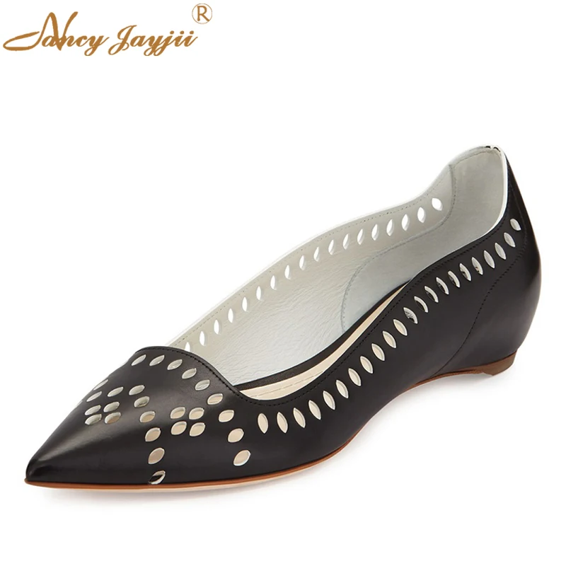 

Nancyjayjii Women Ballerina Shoes Black&White Fashion Genuine Leather Cut Out Point Toe Comfortable Ballet Flats Heels Woman