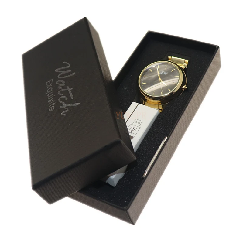 gold black with box Мужские часы с прикуривателем, USB перезаряжаемые, ветрозащитные, бесшумные, гладкие, из нержавеющей стали, мужские, подарок на день рождения, colck JH329 - Цвет: gold black with box