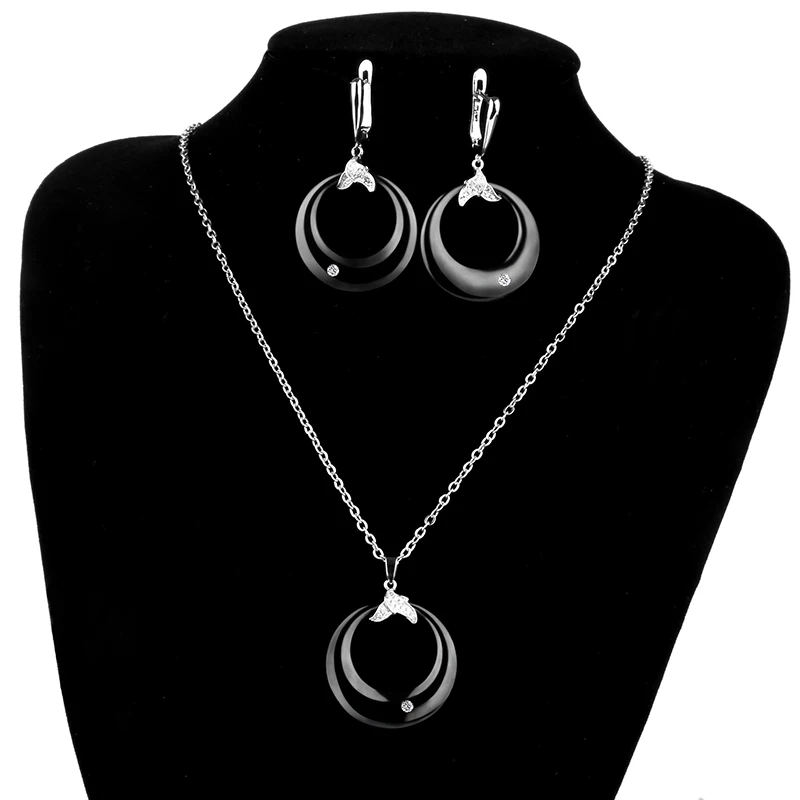 Черно-белые серьги и кулон ювелирный набор с камнем для женщин bijoux mariage из нержавеющей стали Белые керамические серьги свадебный набор