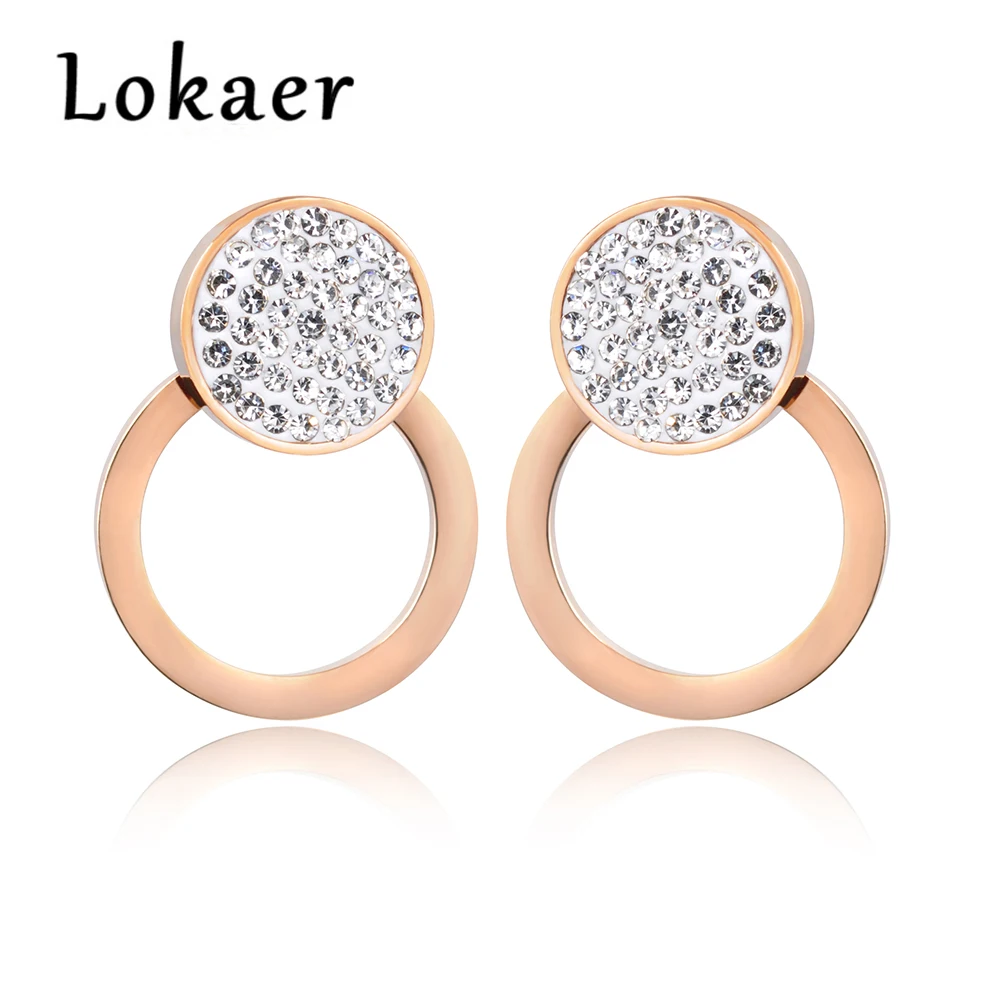 Lokaer, черные, белые стразы, двойные круглые серьги для женщин, титановая сталь, розовое золото, свадебные серьги, ювелирные изделия E180150400R