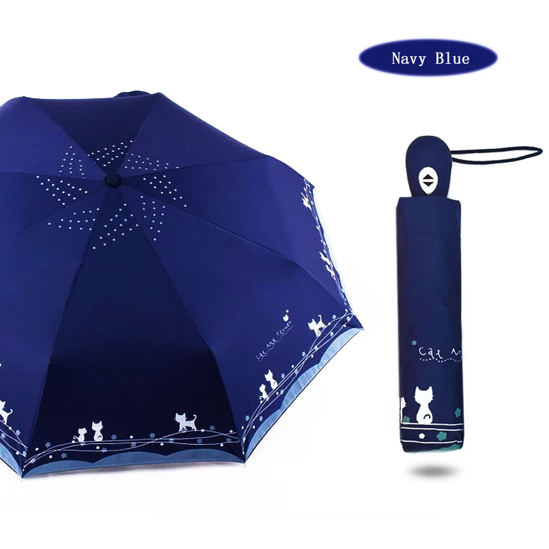 Navy Blue Как дождь Романтический милый кот Зонт-автомат дождь Женский тройной складной с черным покрытием пляжный зонтик UBY29 - Цвет: Navy Blue