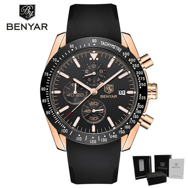 Gold S Black BENYAR мужские часы Топ Бренд роскошные часы мужские военные часы кварцевые хронограф бизнес часы ремешок Relogio Masculino - Цвет: Gold S Black
