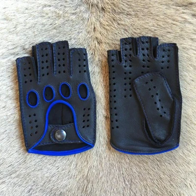 black blue Новое поступление, мужские перчатки из натуральной кожи, для вождения, без подкладки, козья кожа, перчатки на полпальца, без пальцев, для спортзала, фитнеса, перчатки для мужчин, варежки - Цвет: black blue